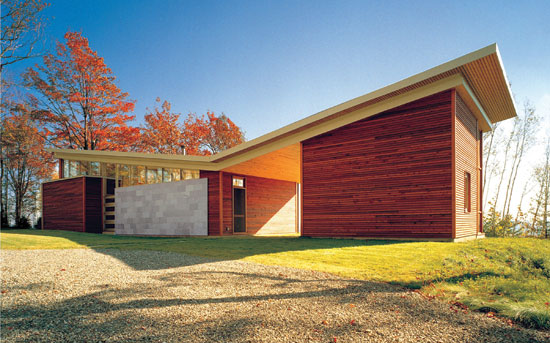 Using a mix of stone, wood, and glass, the firm Affleck de la Riva Architects designed the Minton Hill House in Québec using knotty grades of Western Red Cedar.