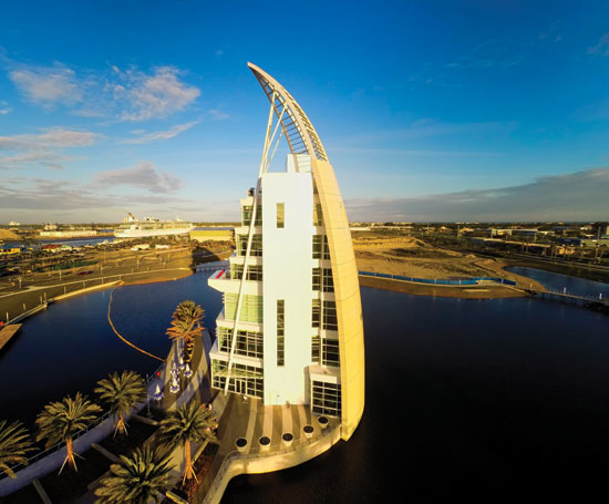 At Exploration Tower, a blue pearl color-changing paint captures the themes of revitalization and change characteristic of the Port Canaveral area.