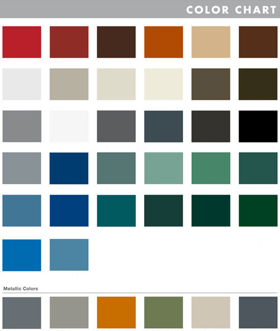 A sample of the range of colors available from one manufacturer of prefinished and preformed metal wall panels.