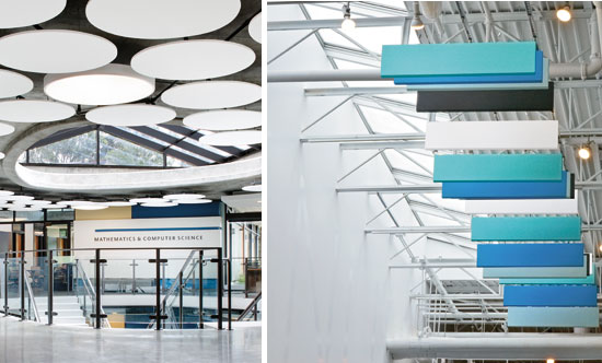 Left: Sound reverberation can be controlled with ceiling systems that are both acoustically efficient and visually exciting. Right: Vertical acoustical treatments such as baffles used in this ceiling space help to control reverberation time and overall sound quality. 