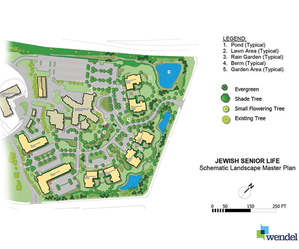 The campus plan with new low-rise buildings for The Jewish Senior Life in Rochester, New York, was designed by Perkins Eastman, a firm known for its innovative work for senior living and which created the Green House® prototype design package.