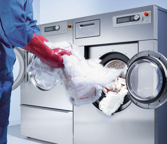 Example of a cleaning washer-extractor system that has a program dedicated to microfiber mops and cloths using washing temperatures ranging from 40°F to 195°F.