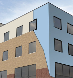 Continuity of an air barrier (shown in blue under final cladding) is required across all floors, around all openings, and at all penetrations.