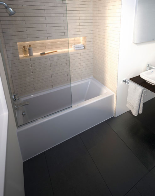 This streamlined shower/tub combination makes good use of small space, while significantly reducing installation time and cost.