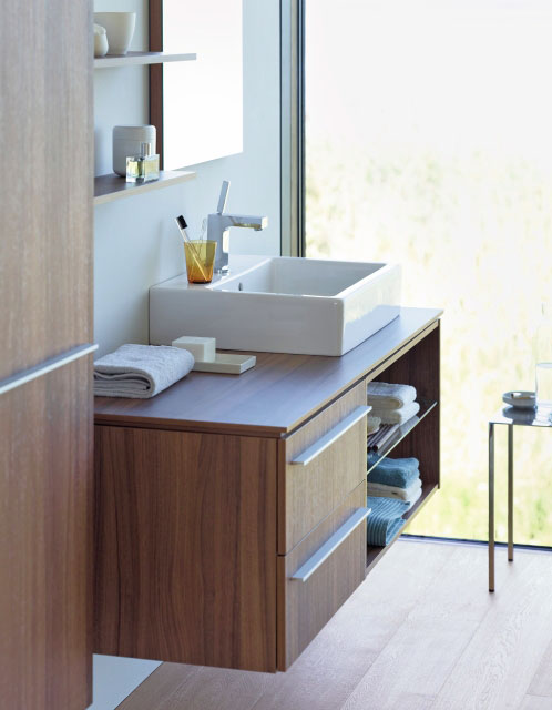 Storage and style are built into these coordinated bathroom furniture elements with real-wood veneers.