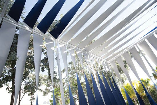 “Twisty,” an innovative and flexible shading system, won a 2013 competition on the future of shade. An installation of Twisty was brought to life at The James Royal Palm in Miami Beach.