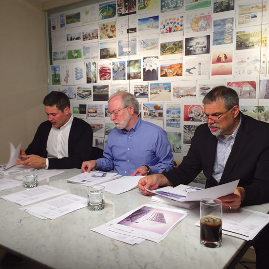 The three judges for a recent design competition on the future of shade were, from left, Marc Kushner, practicing architect and CEO of Architizer; Scott Campbell, president of Rainier Industries, and architectural writer and critic Fred Bernstein.