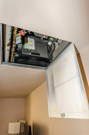 Water-source heat pumps were placed in the ceiling to save space and maintain the integrity of the historic Palomar Hotel in Philadelphia, Pennsylvania.