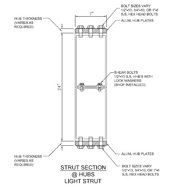 Two 12-inch tubes were extruded and mechanically affixed to each other to make the aluminum structural member. These are images of heavy and light strut cross sections engineered and manufactured to meet specific structural loads.