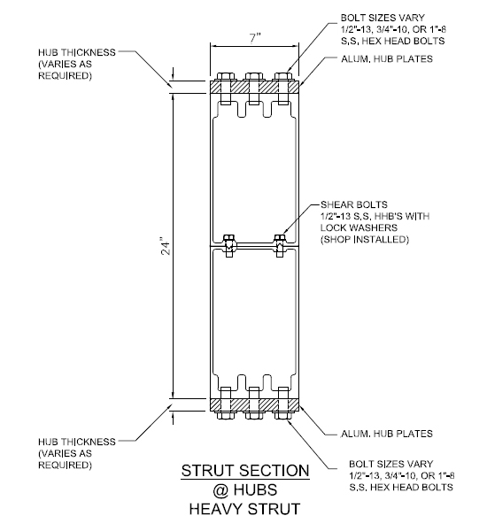 Two 12-inch tubes were extruded and mechanically affixed to each other to make the aluminum structural member. These are images of heavy and light strut cross sections engineered and manufactured to meet specific structural loads.
