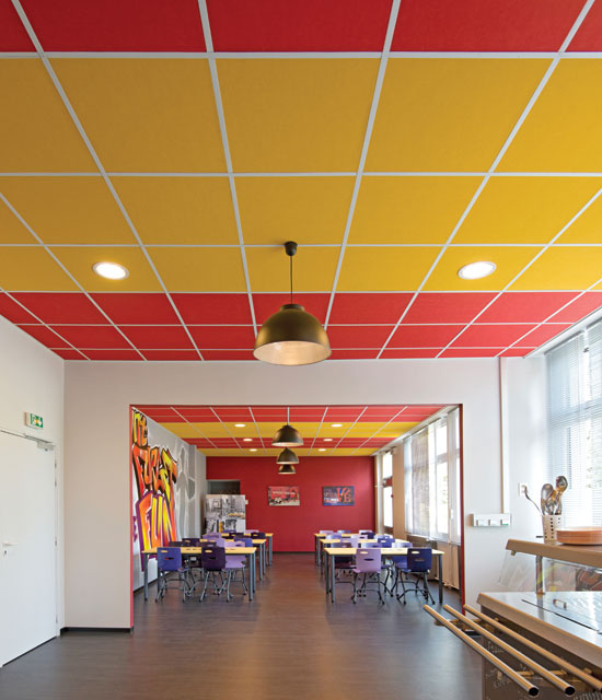 Stone wool ceiling panels can be specified in a wide range of colors for different settings, particularly appropriate in educational settings that still need high acoustical performance.