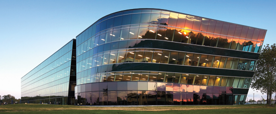 SmithGroupJJR specified a sophisticated glass wall system for the LEED Gold-certified BAE Systems Land & Armaments complex in Sterling Heights, Michigan, which has a pattern of digital camouflage fritted to the glass to block the view into the building from the nearby road.