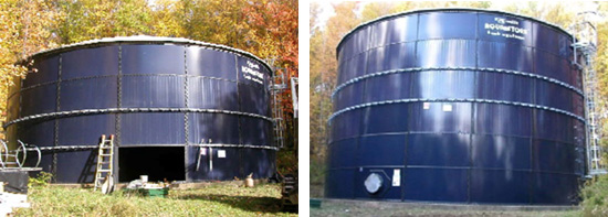 Town of Chenango, N.Y. 276,000 gallon glass-fused-to-steel water tower installed in 1985; 50 ft dia. x 19 ft high. In 2005 expanded to 28 ft high with increased capacity of 423,000 gallons