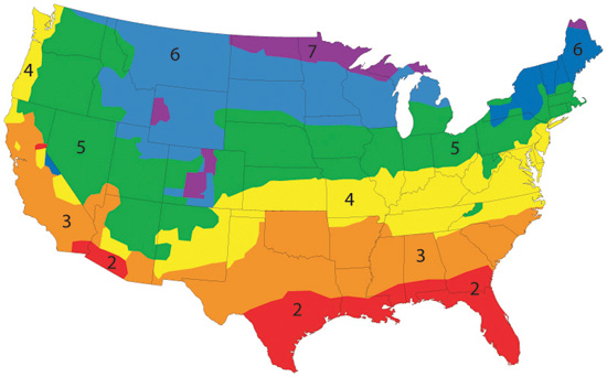 The eight climate zones of the United States have been adopted by energy codes and standards as the basis for determining building envelope needs. 