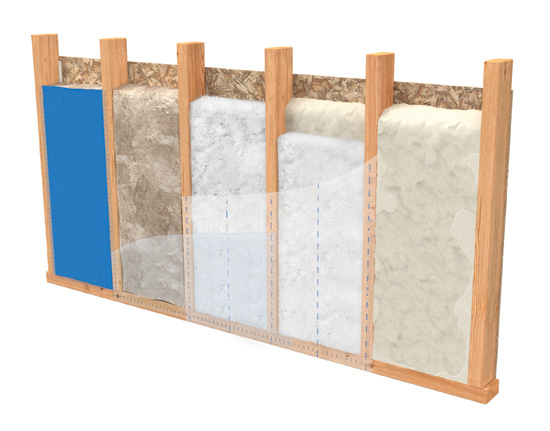 Different types of insulation are available to restrict thermal flow in framed walls including batts, blown in, and spray foam insulation products. 