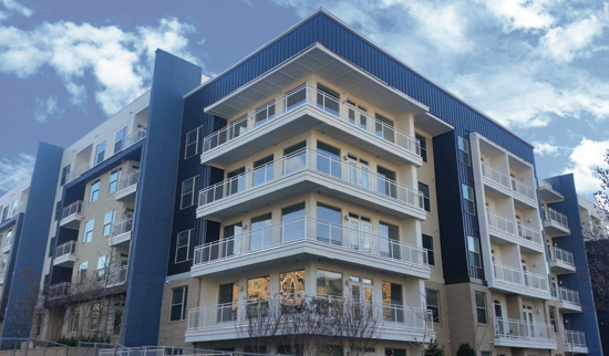 Multifamily housing projects can take advantage of many different and innovative building component solutions. The Steel Works in Atlanta, Georgia utilizes a creative cladding scheme.
