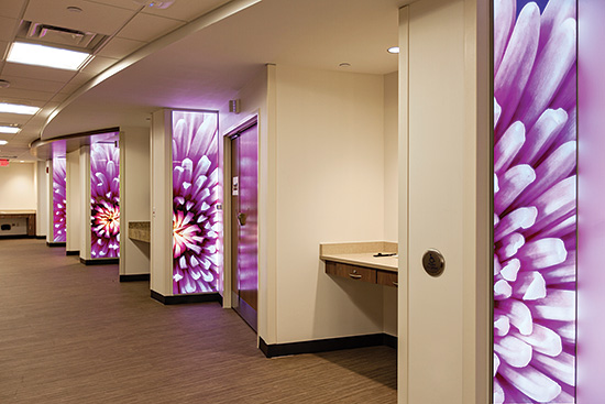 Edge lit, LED illuminated panels incorporate artwork and the ability to add lighting in spaces as needed.