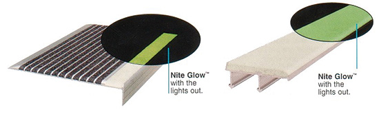 Stair safety nosings can be selected and specified using an extruded aluminum base filled with aluminum oxide abrasive that may also be treated with photoluminescence properties to glow when the lights are out. 