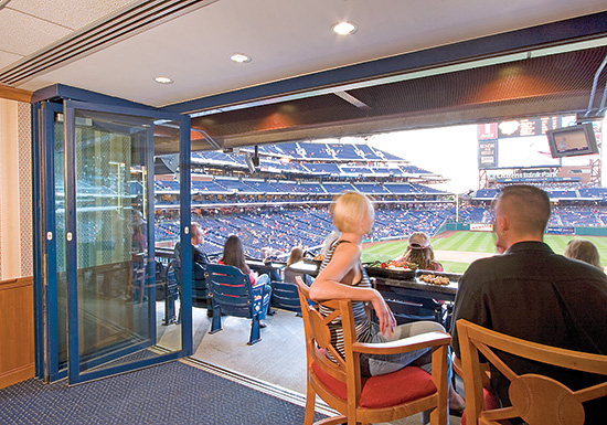 The ability to separate off smaller spaces or open them up to the larger complex at will has become a sought after design feature in many sports venues such as Citizens Bank Park on the left and, the San Francisco Giants Stadium (A&T Park) on the right.  