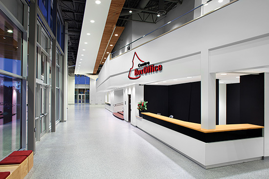 The seamless resinous flooring used in this lobby and ticket area meets the design needs of the space by providing a clean, crisp, continuous appearance. 