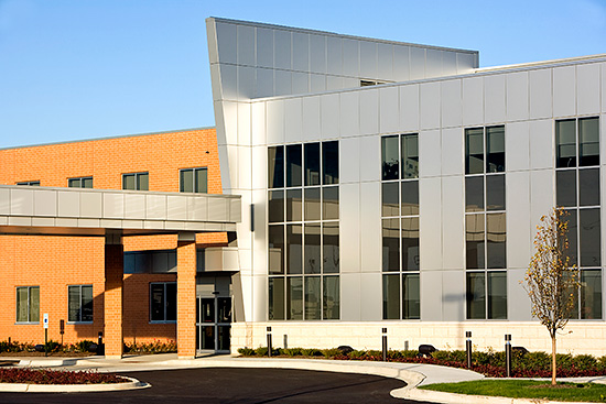 The Chanooka Healthcare Center uses a striking bright silver metallic PAC-3000 RS rainscreen system to create a high-tech look designed by CD Group, Mount Prospect, Ill. The composite wall panel rainscreen system was fabricated by Petersen Aluminum.