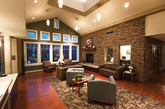The living area of the VibraLife facility demonstrates that the use of natural materials can provide an elegant and welcoming center in a health care setting.