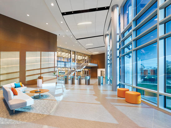 Saint-Gobain North America used electrochromic glazing to help achieve points under both the Indoor Environmental Quality (IEQ) and Energy and Atmosphere credits in its quest to achieve LEED Platinum certification in its new headquarters building in Malvern, Pennsylvania. The company’s goal was to provide a comfortable, well-day-lit environment to support the health and well-being of its employees without compromising energy performance and in line with its corporate sustainable habitat strategy.