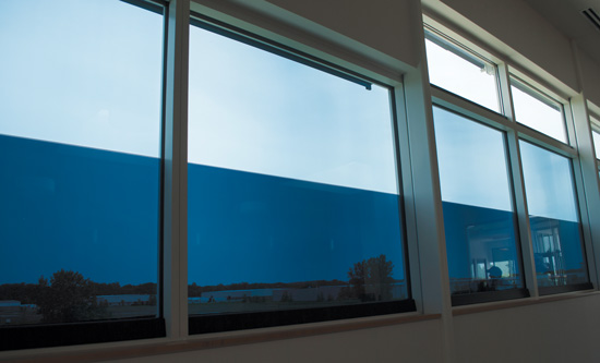 Example of in-pane zoning of EC glass, which is necessary to appropriately balance the competing needs of glare control, daylight admission, energy performance, and light color quality.