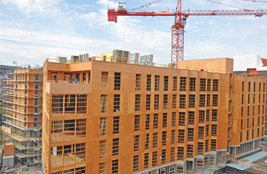 For this project in the Pacific Northwest, plywood sheathing is used as an exterior substrate, onto which the weather-resistant barrier and cladding would be attached.