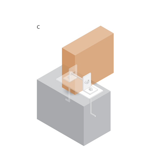 Similar to detail A with slotted holes to accommodate slight lateral movement of the beam under load. This detail is more commonly used when the beam is sloped as opposed to flat.