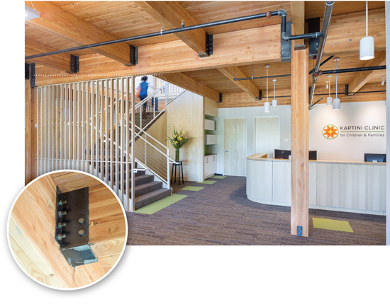 Designed by Path Architecture, Radiator is one of the first five-story timber-frame office buildings to be built in Portland, Ore., since the early 1900s. Fabricated steel bucket-style connectors with bolts were utilized for glulam beam-to-beam connections. 