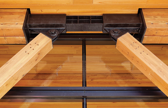 At the Jackson Hole Airport in Jackson, Wyo., embedded steel knife plates with structural screws provide load transfer at brace-to-beam connections.