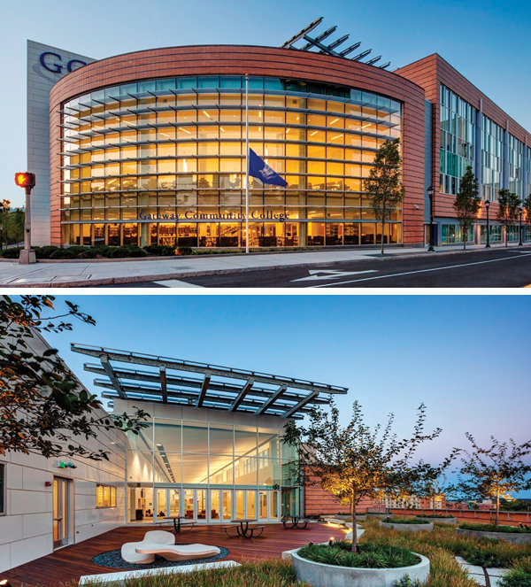 Recognized in the new IECC, integrated daylighting and dimming improves the efficiency of high-visibility façades as on the 367,000-square-foot, LEED Gold campus center for Gateway Community College in New Haven, Connecticut, designed by Perkins+Will.