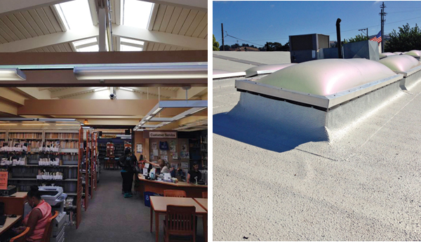 A library and fire station in Vallejo, California, achieved Title 24 energy-efficiency compliance with a new roof and aerogel-filled skylights that achieve 92 percent UV blockage but higher daylight levels.