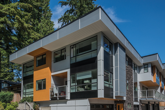 Aluminum cladding systems provide a range of metallic and wood-grained appearances, the ability to use high-performance continuous insulation, and fully coordinated soffits and fascia.