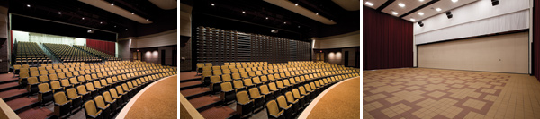 A combination of fixed and telescopic seating creates a full auditorium (left). When the telescoping seating is closed, it creates a dividing wall and smaller auditorium on one side (middle) and a usable open area on the other (right).