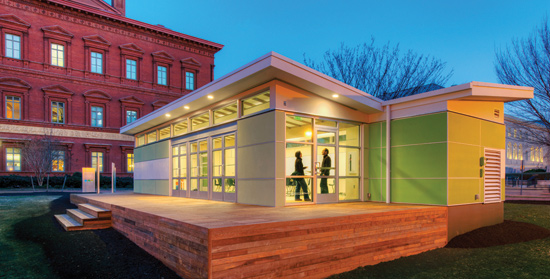 Outdoor learning spaces with elevated decks and planters can be used on roof areas or on modular classroom structures like this one designed by Perkins+Will.
