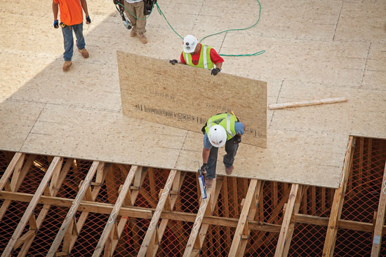 High-performance engineered wood panels maintain strength and stiffness values, even after exposure to elements throughout construction, which ultimately helps provide consistently quiet, stiff finished floors.