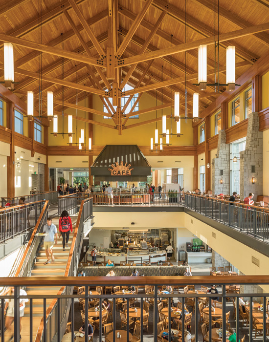In this 50,000-square-foot dining commons, Douglas-fir structural roof decking and truss timbers respond to the client’s desire for natural materials that evoke feelings of warmth and comfort, have visually appealing textures and patterns, and resonate with students and staff.