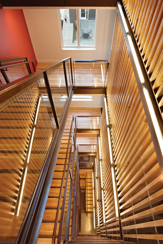 One of the many innovative uses of wood on the exterior and interior of new student housing at the University of Washington in Seattle.