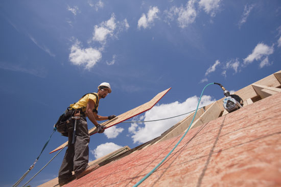 While wood structural panel sheathing of consistent grade and thickness is used over the length of the roof, two fastening schedules are often specified—one for roof areas outside edge zones and a second for higher wind pressure roof areas within the edge zones where fasteners are more closely spaced.