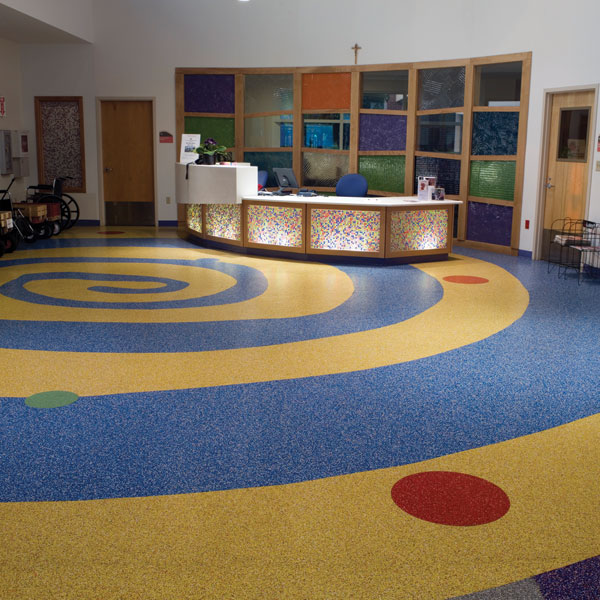 The flooring chosen for St. Vincent Children’s Hospital resists scuffing, scratching, gouging, and indentation, and provides support and fatigue-reduction for staff. But mainly, it’s designed to make children and their families feel happy and get well soon.