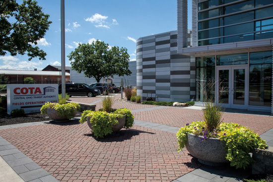 Central Ohio Transit Authority, Columbus, Ohio, used interlocking concrete pavers in a variety of colors for patterning.