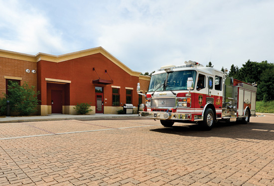 The Grand Traverse Fire Station, Grand Traverse, Michigan, designed by Gourdie-Fraser, Inc., shows color options for permeable interlocking concrete pavers.