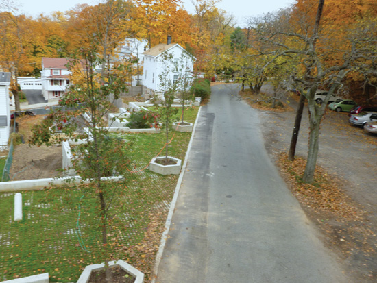 The use of flexible concrete mats creates a drivable grass area in Hastings on Hudson, New York.