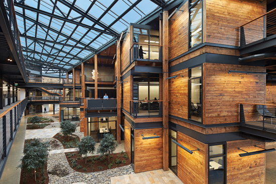 LEED Gold Federal Center South, Building 1202 – Seattle, Washington Architect: ZGF Architects; WoodWorks Commercial Wood Design Award, 2014; All of the wood used in this project was salvaged from a 1940s-era warehouse that previously occupied the site—a total of 200,000 board feet of heavy timber and 100,000 board feet of 2x6 tongue and groove roof decking.