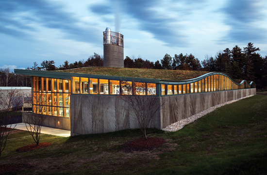 LEED Certified Biomass Heating Plant, Hotchkiss School – Lakefield, Connecticut Architect: Centerbrook Architects and Planners; WoodWorks Green Building with Wood Design Award, 2014 Faced with the replacement of an aging fuel oil heating plant, Hotchkiss school chose to build a LEED-certified biomass facility that burns wood chips from sustainably managed forests nearby. Wood was used in the building’s construction and the facility is covered with a rolling, vegetated roof that changes colors with the season.