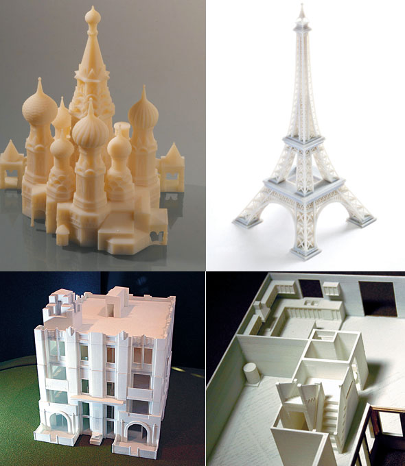 Producing architectural models has been shown to be very cost effective with options in printer technology including PolyJet style (upper two photos) and FDM style (lower two photos).