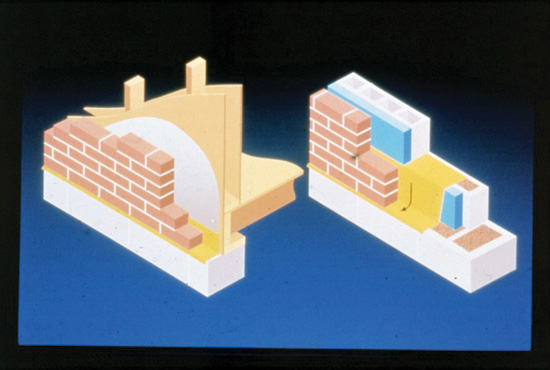 This illustration shows two types of cavity walls, one with a block back-up wall and one with a wood back-up wall. The through-wall flashing is highlighted in yellow.