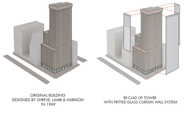 The recladding of 475 Park Avenue South in New York City involved specific treatments for different parts of the building
